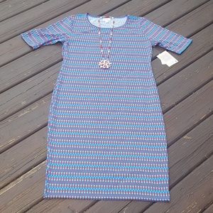 LuLaRoe | Julia Red/White/Blue Arrow Print Dress M